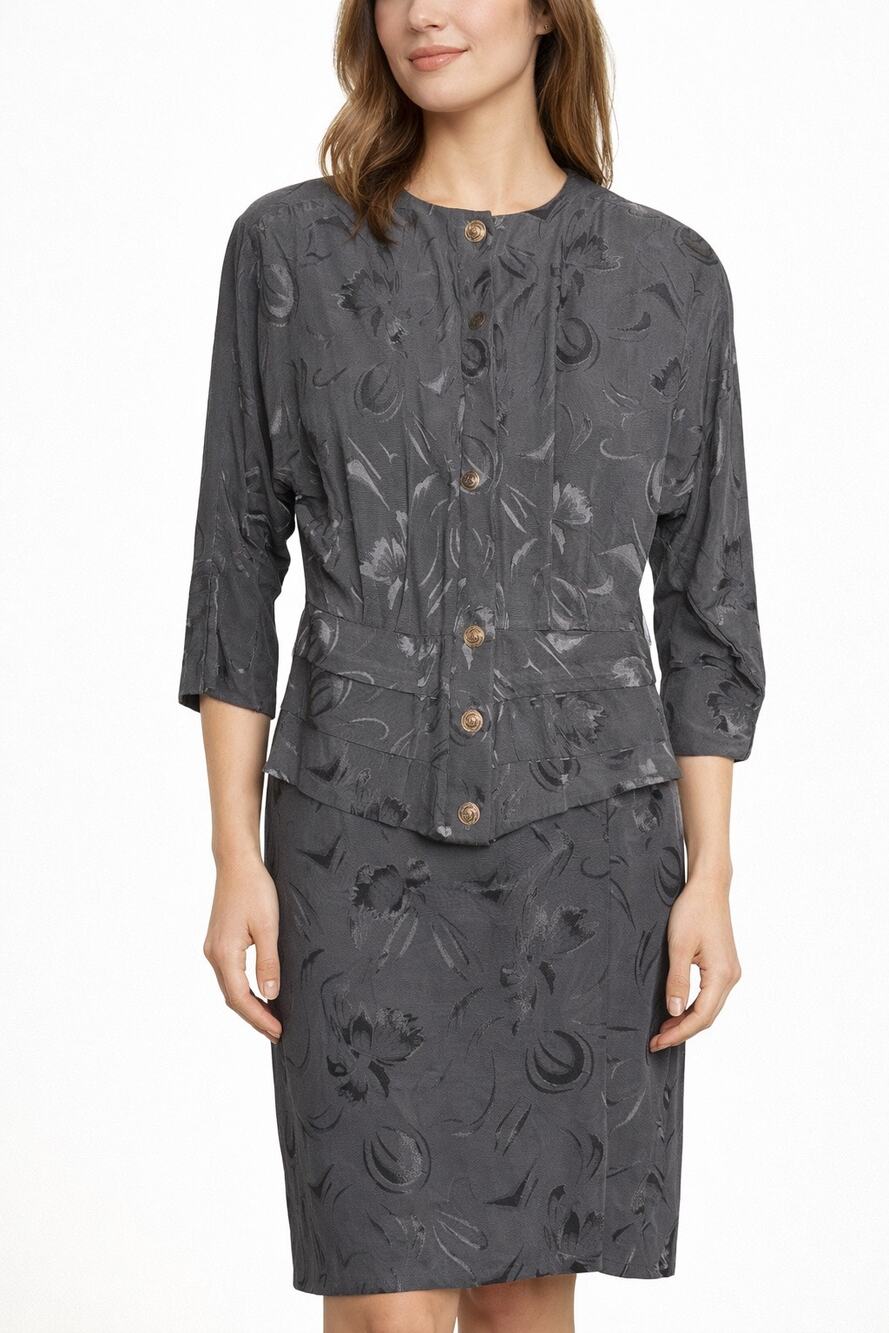 Michael Blair 1990s Black Textured Skirt Suit Set Floral Embossed Size XXS